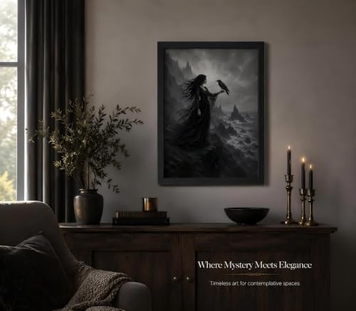Moody Gothic Witch and Crow Wall Art - Framed Halloween Seaside Cliff Decor 10x8