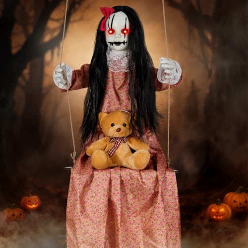 Halloween Hanging Decorations Outdoor - 4.6 FT Orange Swing Girl Doll with Lights & Sounds