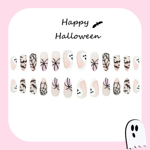 Halloween Press On Nails Long Stiletto Pink Fake Nails with Ghost and Spider Web Design - Variation Color43