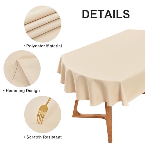 Beige Oval Tablecloth 60x84 Inch - Washable Linen Look, 2 Pack