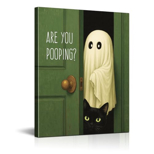 Funny Ghost Cat Bathroom Wall Art Canvas Print - Framed Halloween Decor - Color A