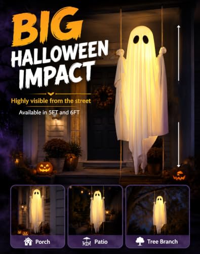 5 Ft Swinging Ghost Outdoor Decor - Halloween Swaying Ghost on a Swing
