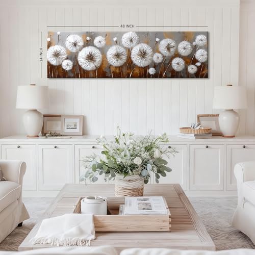 Dandelion Wall Art Canvas - Rustic Farmhouse Floral Decor 48"L x 14"W - White Flower