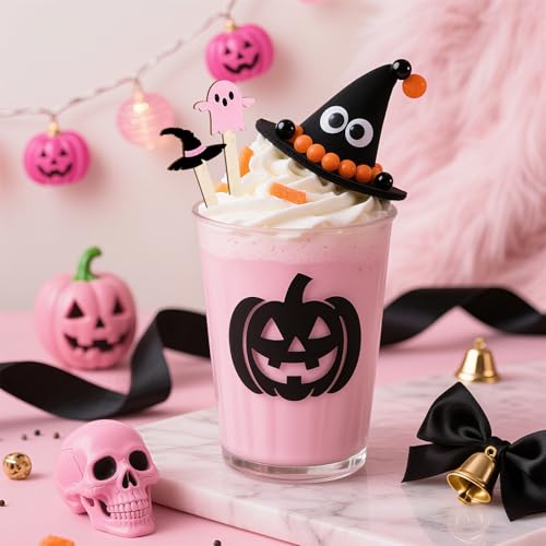 Halloween Pink Black Coffee Stirrer Set - Ghost Bat Pumpkin Cat Design, 120 Pcs