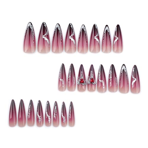 Halloween Long Stiletto Fake Nails with Red Rhinestones & Designs - Black & Red Gradient, 24 Pack - Variation 4