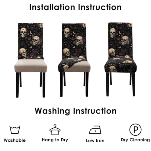 Halloween Skull Chair Covers Set of 6 - Gothic Floral Dining Protectors for Holiday Decor