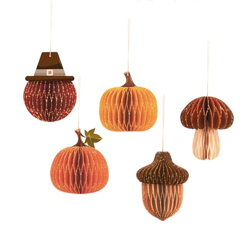 Fall Thanksgiving Honeycomb Ornament Set - 5Pcs Autumn Decor with Orange & Brown Variations