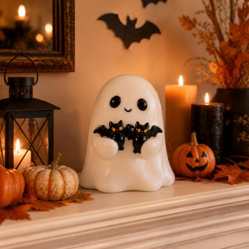 Halloween Ghost Figurine with Bats - Glossy White Spooky Decor, Bat Ghost Variation