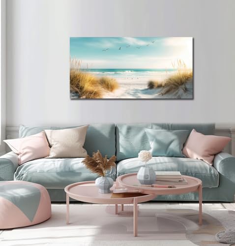 Beach Reeds Canvas Wall Art - Ocean Coastal Landscape for Living Room & Bedroom - 20x40 Inches