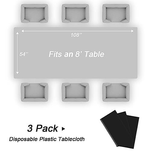 Disposable Black Plastic Tablecloth 3 Pack - 54 x 108 Inches for Events & Parties