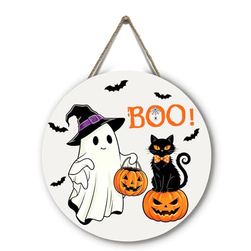 Halloween Boo Door Hanger Ghost and Black Cat Sign - 12x12 Inch Outdoor Wreath with Jack-o'-Lanterns and Bats - Black Cat Ghost Variation