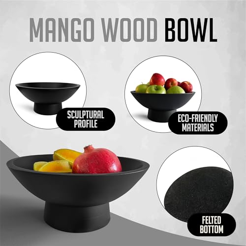 Black Pedestal Fruit Bowl 12 Inch - Wooden Decorative Centerpiece, Kitchen & Dining