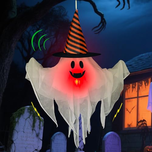 Halloween Ghost Animatronic Hanging Decoration with Sound & Lights - Creepy Ghost with Witch Hat - 20x27 Inch - Battery Operated - Spooky Outdoor Halloween Decor - Variation: Halloween Ghost