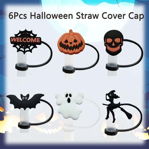 Halloween Silicone Straw Cover Cap for Stanley Cup - 6 Pack, Pumpkin Witch Ghost Skull Bat Designs - Halloween Variation