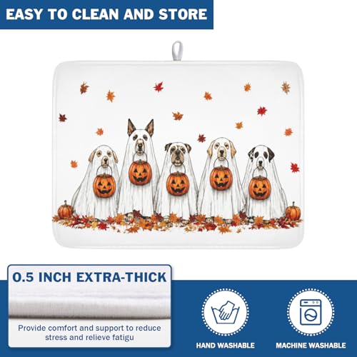 Halloween Ghost Dogs Pumpkin Dish Drying Mat - 18x24 Inch Microfiber Kitchen Counter Pad - Fall Leaves Design