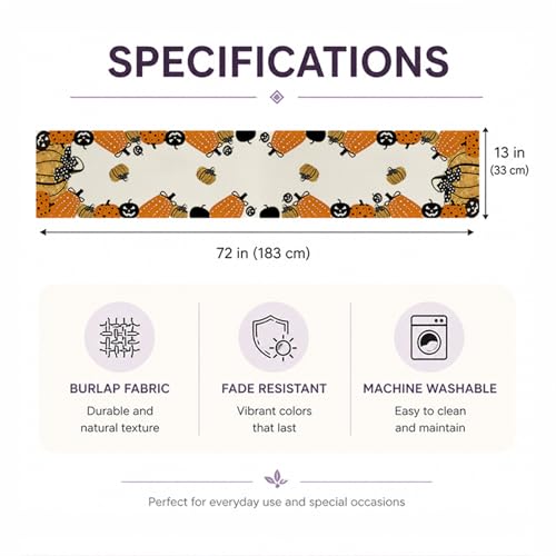 Halloween Jack-O-Lantern Pumpkin Table Runner - Holiday Kitchen Decor 13x72 Inch