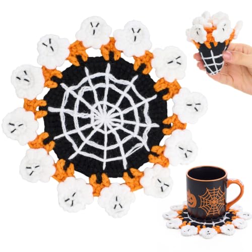 Halloween Crochet Coaster with Ghost Design - Handmade Drink Mat, 6.3 Inch