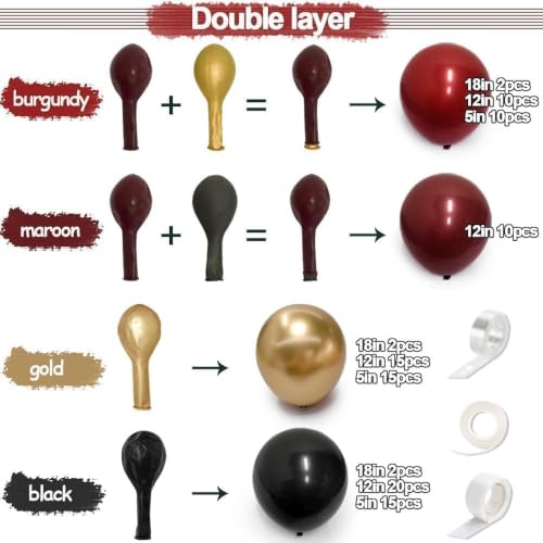 Burgundy Black Gold Balloon Garland Kit - Double Stuffed Latex Balloons for Party Decor