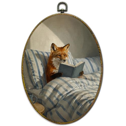 Reading Fox Canvas Wall Art - Oval Framed Decorative Print, 11x8.5 Inch