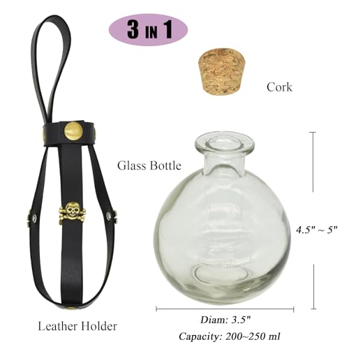 Dark Magic Potion Bottle for Halloween Cosplay - 8.5oz Black Wizard Witch Costume Accessory with Cork Stopper & Leather Loop