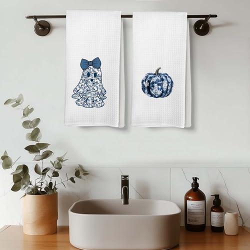 Blue Ghost Chinoiserie Fall Pumpkin Kitchen Towels Set of 2 - Halloween Decor