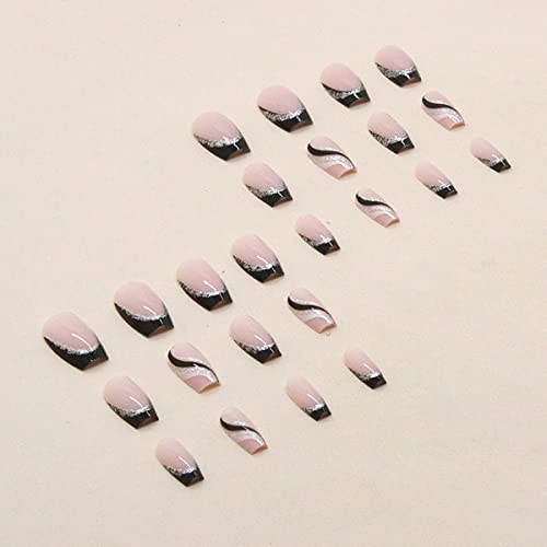 24PCS French Tip Press-On Nails Medium Length Square Fake Nails with Silver Glitter Line Designs