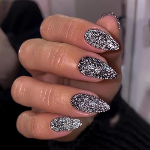 Press On Nails - Medium Stiletto Fake Nails with Goth Black Glitter Design, 24 pcs - Variation 06906Black