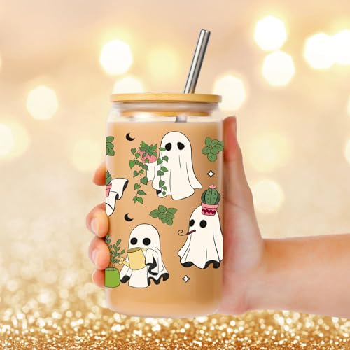 16 oz Glass Coffee Cup with Lid & Straw - Ghost Plant Design, Spooky Halloween Gift