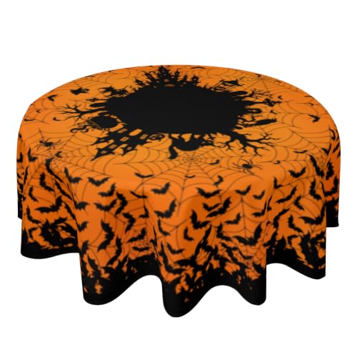 Halloween Bat Round Tablecloth 60 Inch Orange Black Spooky Spatter Design - Washable & Reusable