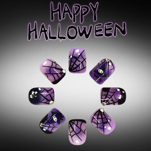Halloween Short Square Press-On Nails with Spider Web Rhinestones - Purple Black, Reusable 24Pcs - Variation 26WSJ21
