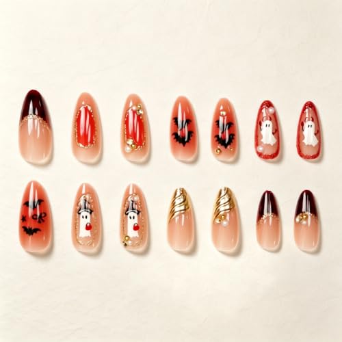 Halloween Ghost Bat Fake Nails - Medium Almond Press On Nails with Leopard Print & 3D Ghost Design