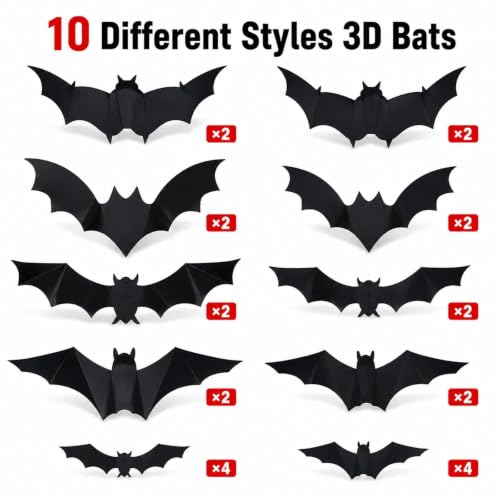 Makevivi 24 Pcs Halloween LED Bat Decorations - 3D Wall Lights for Door & Window - Bat / 12 Pcs