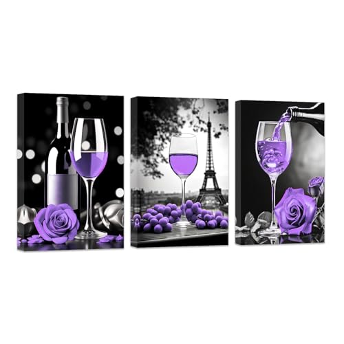 3-Piece Wine Wall Art Canvas Prints Purple and Black Eiffel Tower & Rose Kitchen Decor 16x24in