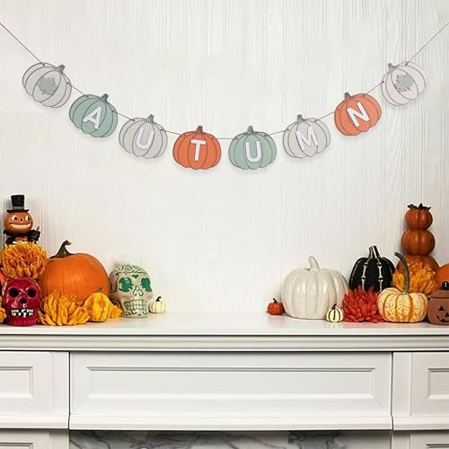 Rustic Wooden Autumn Pumpkin Banner - Fall Garland for Fireplace & Thanksgiving Decor