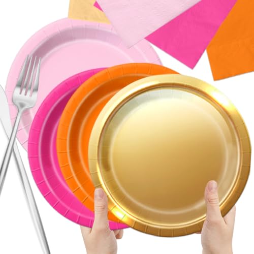 Pink & Orange Party Plates and Napkins Set - Serves 20, 60pcs Sunset Tropical Tableware for Birthday & Celebration - Pack of 2