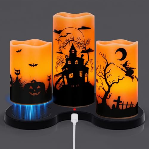 Orange Rechargeable Flameless Candle Set - Halloween Flickering LED with Timer