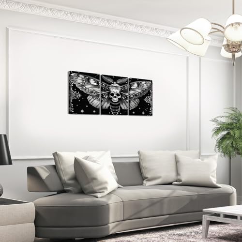 Gothic Death Skull Moth Wall Art Canvas Set - Boho Bedroom & Living Room Decor - Dark Black & Grey