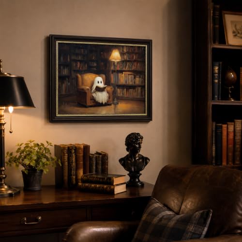 Vbaourut Halloween Ghost Wall Art - Reading Ghost Framed Decor 12x16 Inches - Dark Academia Style