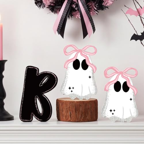 Halloween Ghost Table Decorations - BOO with Pink Bow Wooden Signs, Indoor Tiered Tray Decor
