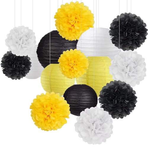 KAXIXI 15-Pack Black Yellow White Party Decorations Lanterns & Pom Poms - Variation Yellow Black White