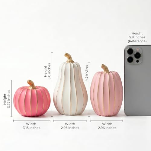 White Pink Gold Pumpkin Decor Set - 3 Resin Fall Figurines with Gold Trim & Metallic Stems - Variation of THIS listing