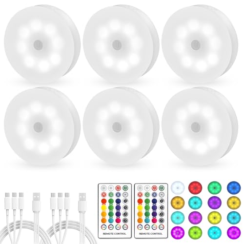 Rechargeable LED Puck Lights with Remote Control 16 Colors, Dimmer & Timer - 6 Pack