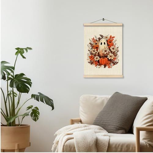 Halloween Ghost Farmhouse Wall Decor - Rustic Fall Wooden Poster with Hanger, 17 x 12.5 Inches