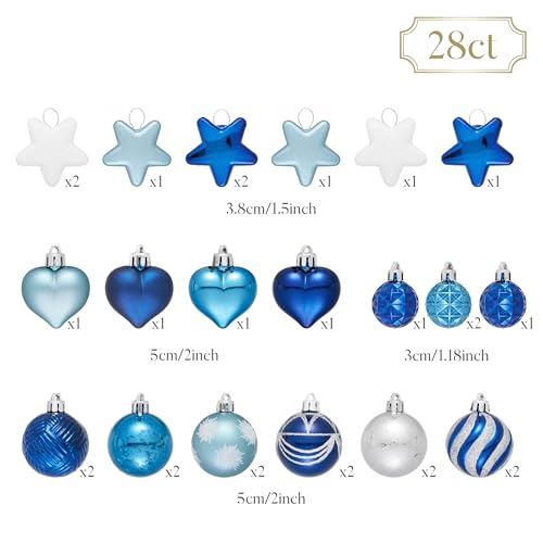 Christmas Heart Shaped Ball Ornament Set - Blue Silver - 28pcs