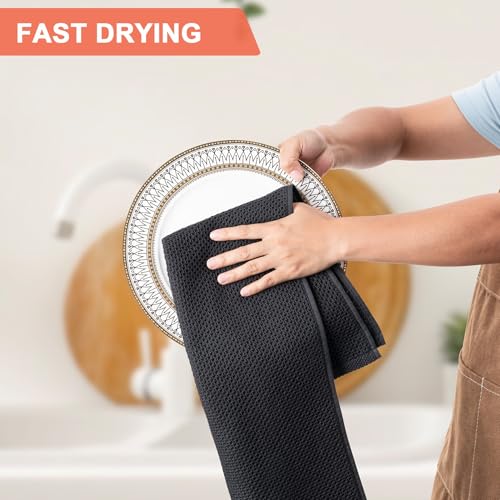 Kitchen Dish Towels 4-Pack Black Cotton Waffle Weave 13x28 Inches - Upgraded Absorbent & Durable