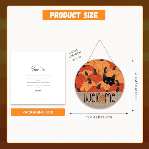 Fall Welcome Wooden Door Hanger with Black Cat and Pumpkin - Cat Fall Variation