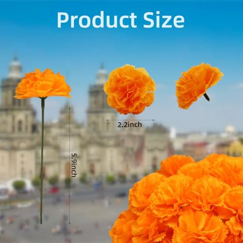 Orange Artificial Marigold Flowers Set of 60 - Faux Silk Decor for Day of The Dead & Festivals (Pack of 2)