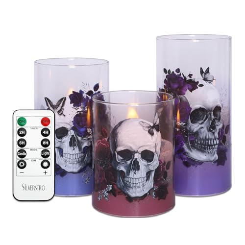 Gothic Skull Rose Flameless Candles Set with Remote Control - Halloween Decor