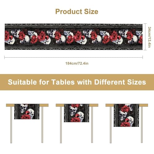 Gothic Table Runner - Retro Black Witchy Skull & Red Rose Design, 13x108 - Variation 3