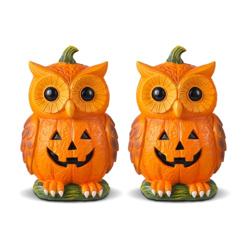 Halloween Pumpkin Owl Resin Decorations Set of 2 - Jack-O'-Lantern Variations